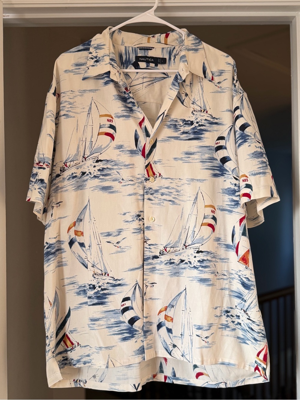 Nautica Silk Blend Sailboat Print Button Up Shirt Mens Large Coastal